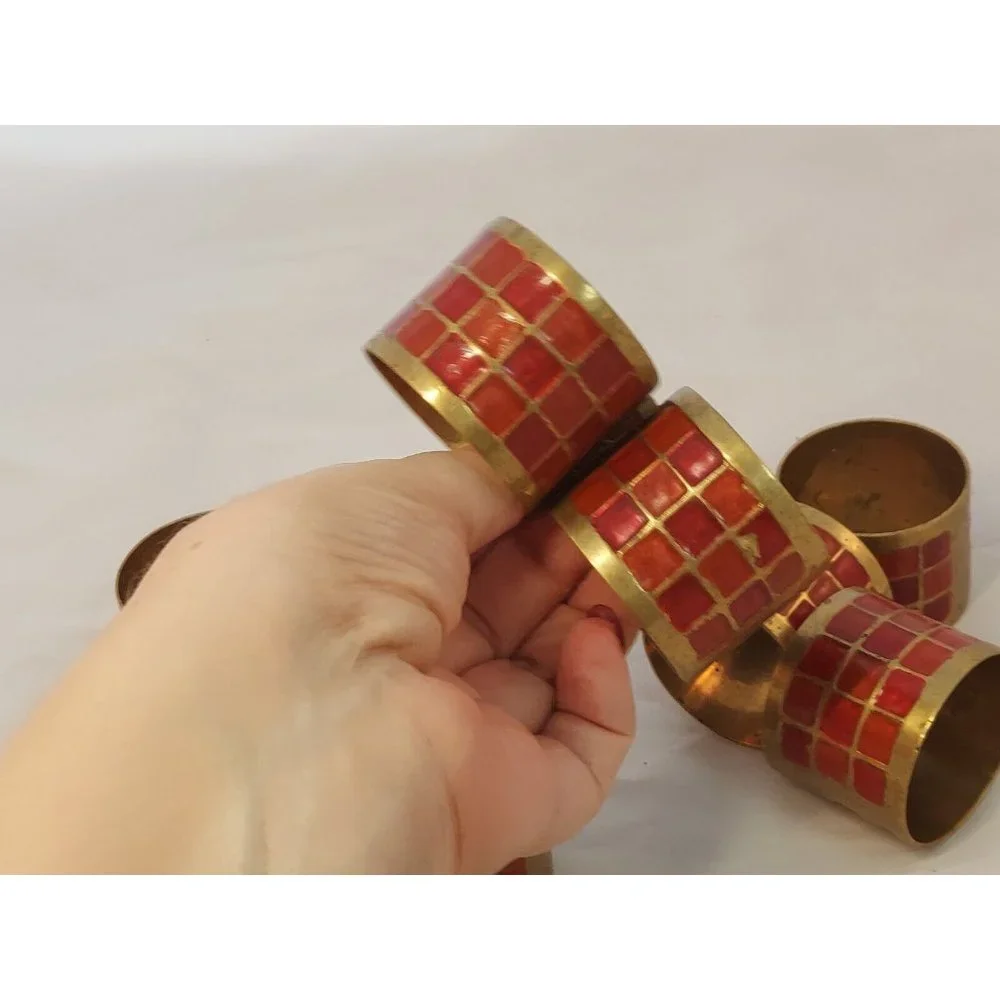 Pier 1 Vintage Brass with Red Enamel Napkin Rings Holder set of 8